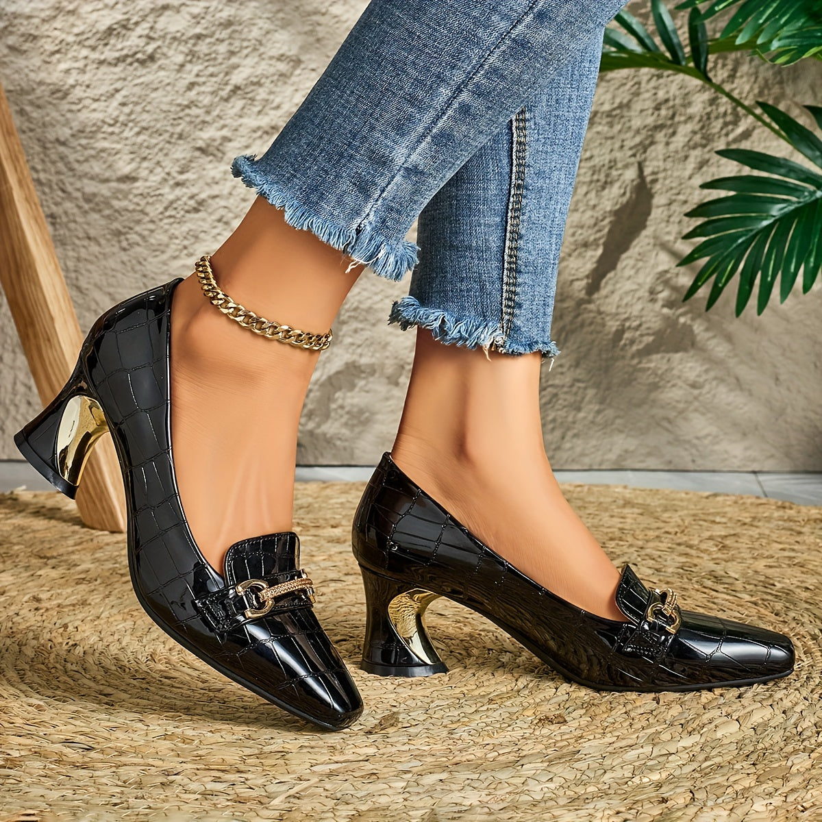 Women'S Square Toe High Heels Synthetic Embossed Gold Buckle