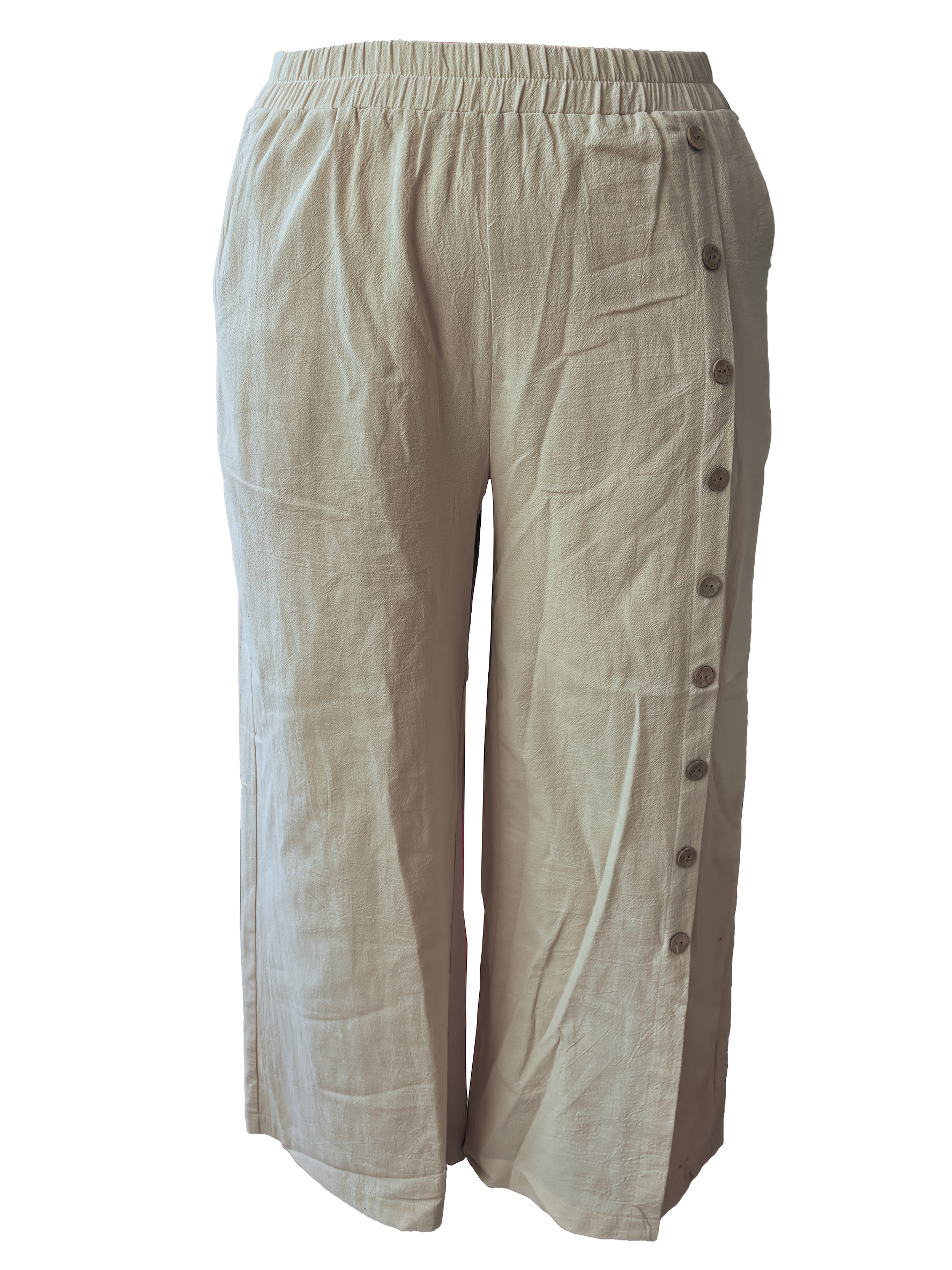 Women's Plus Size Wide Leg Pants Cotton Polyester Solid Button All-Season