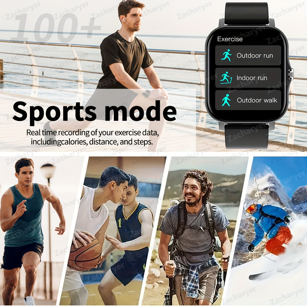 Full-Screen Touch Smartwatch with Call Alerts Sports Modes Compatible with Android and iPhone Square Silicone Band
