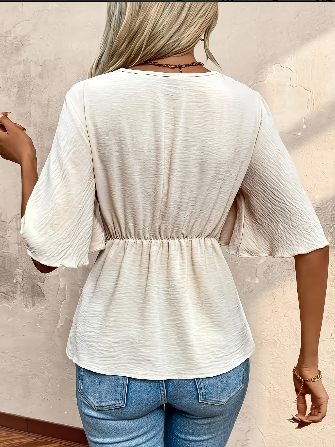 Plus Size V-Neck Blouse with Ruffle Sleeves Tie-Waist Teal Summer Casual