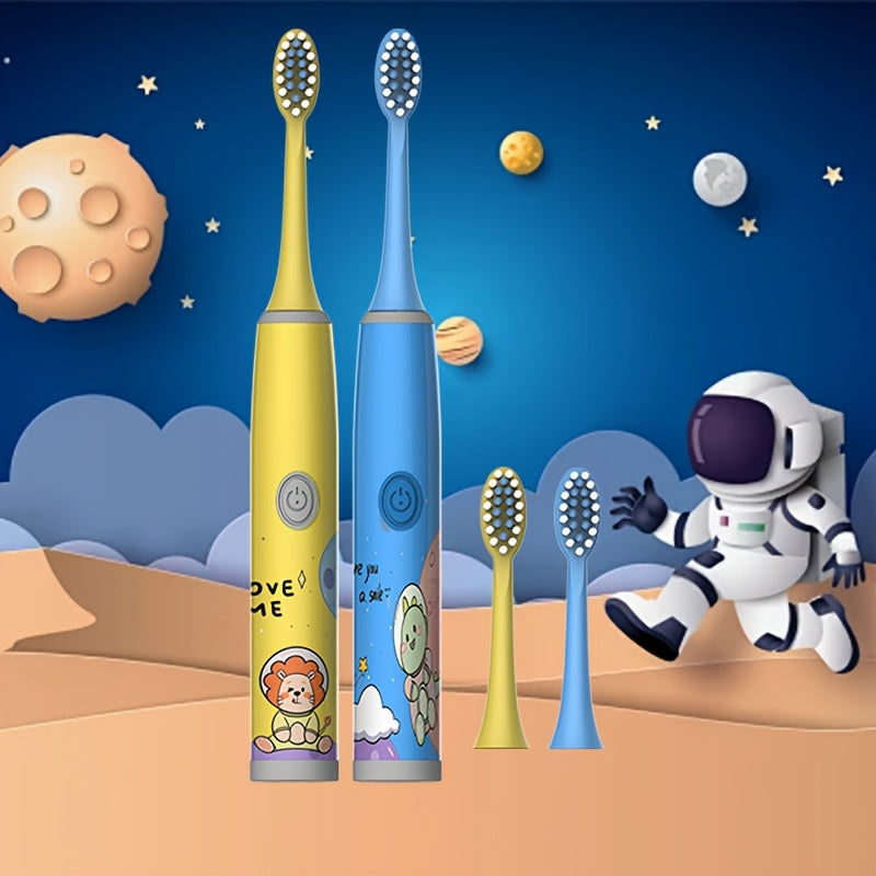 Электрическая зубная щетка для детей с 4 насадками, мягкая щетина, работает на батарейках