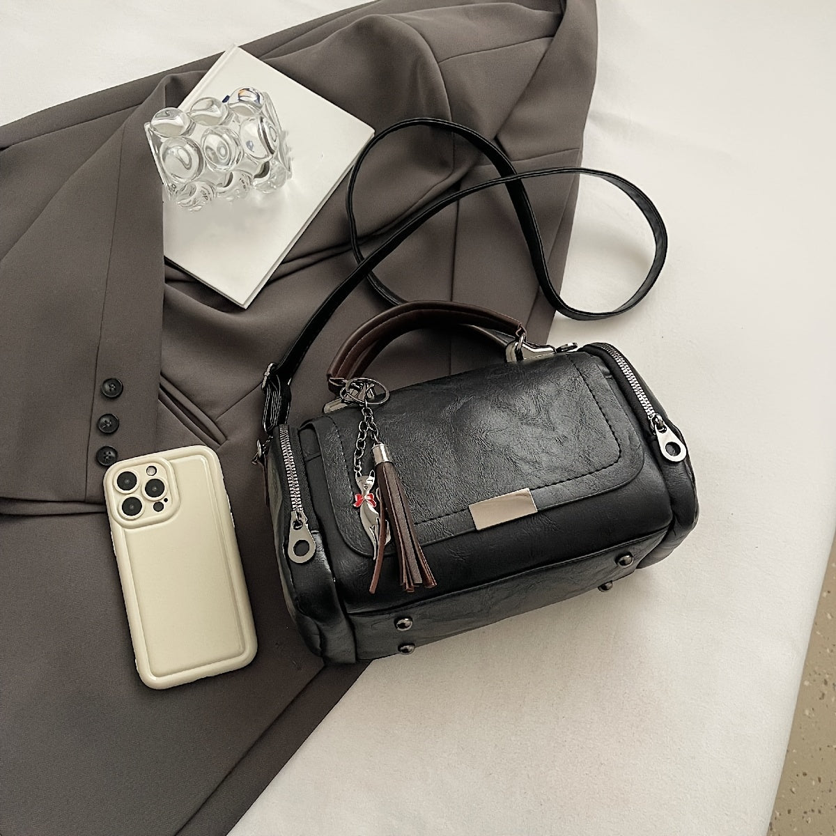 Vintage Crossbody Bag for Women PU Solid Color Casual Shoulder Handbag with Wallet