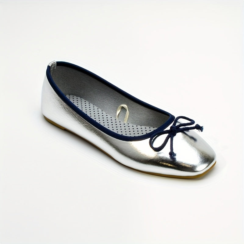 Ayollar uchun Slip-On balet tuflisi, bog‘ichli, yumshoq taglik, PU qoplamali, dumaloq burchakli toe