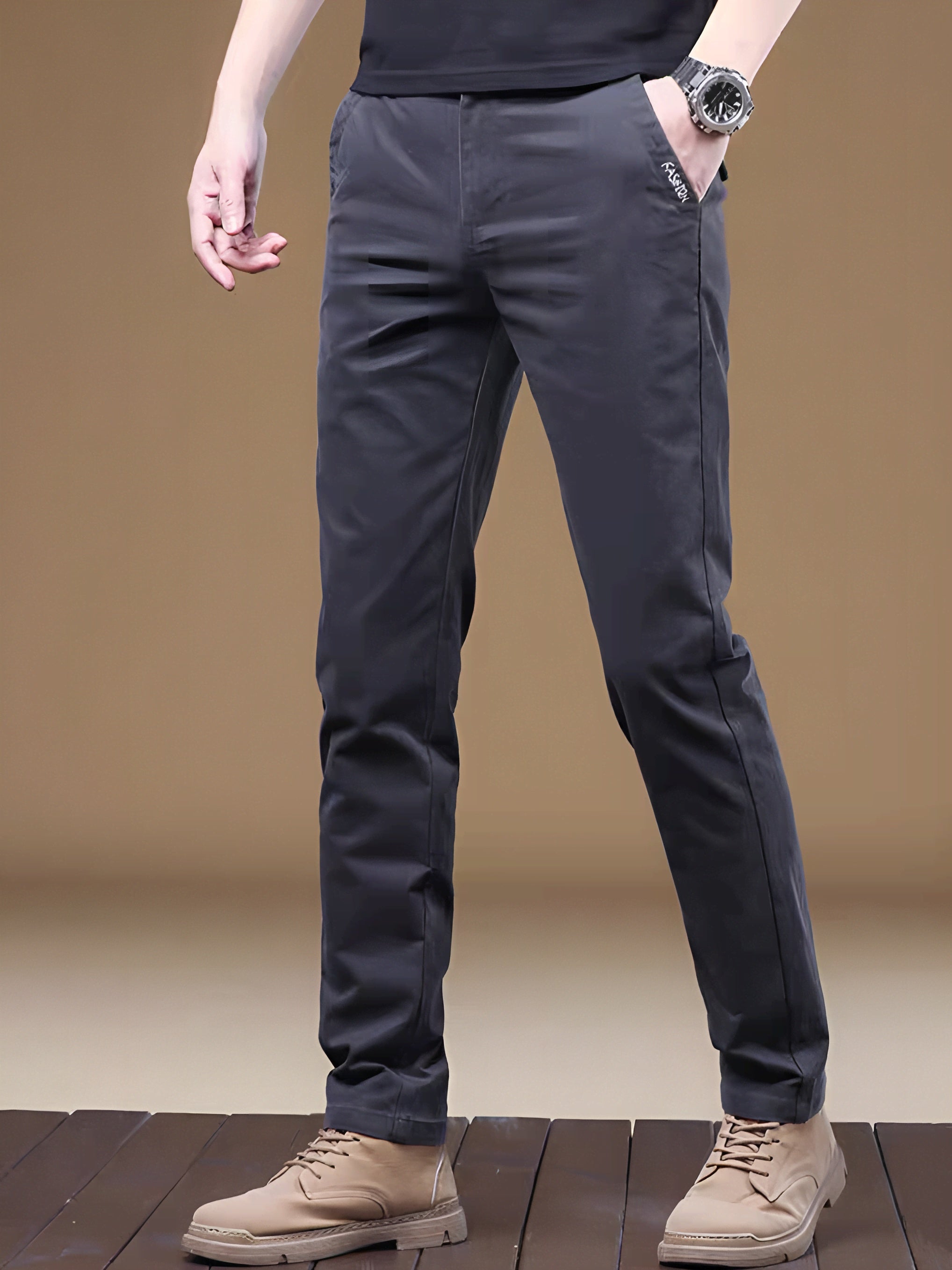 Men's Cotton Straight Leg Business Casual Pants Slim Fit Elastic Waist Cuffs
