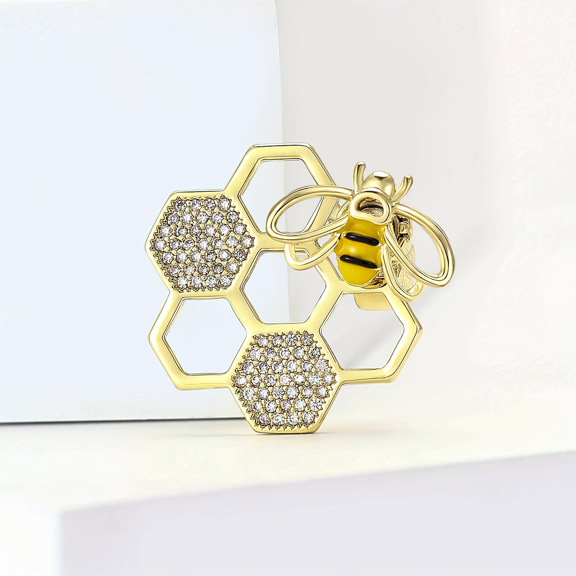 Minimalist Alloy Honeycomb Bee Brooch with Cubic Zirconia Geometric Design for Women