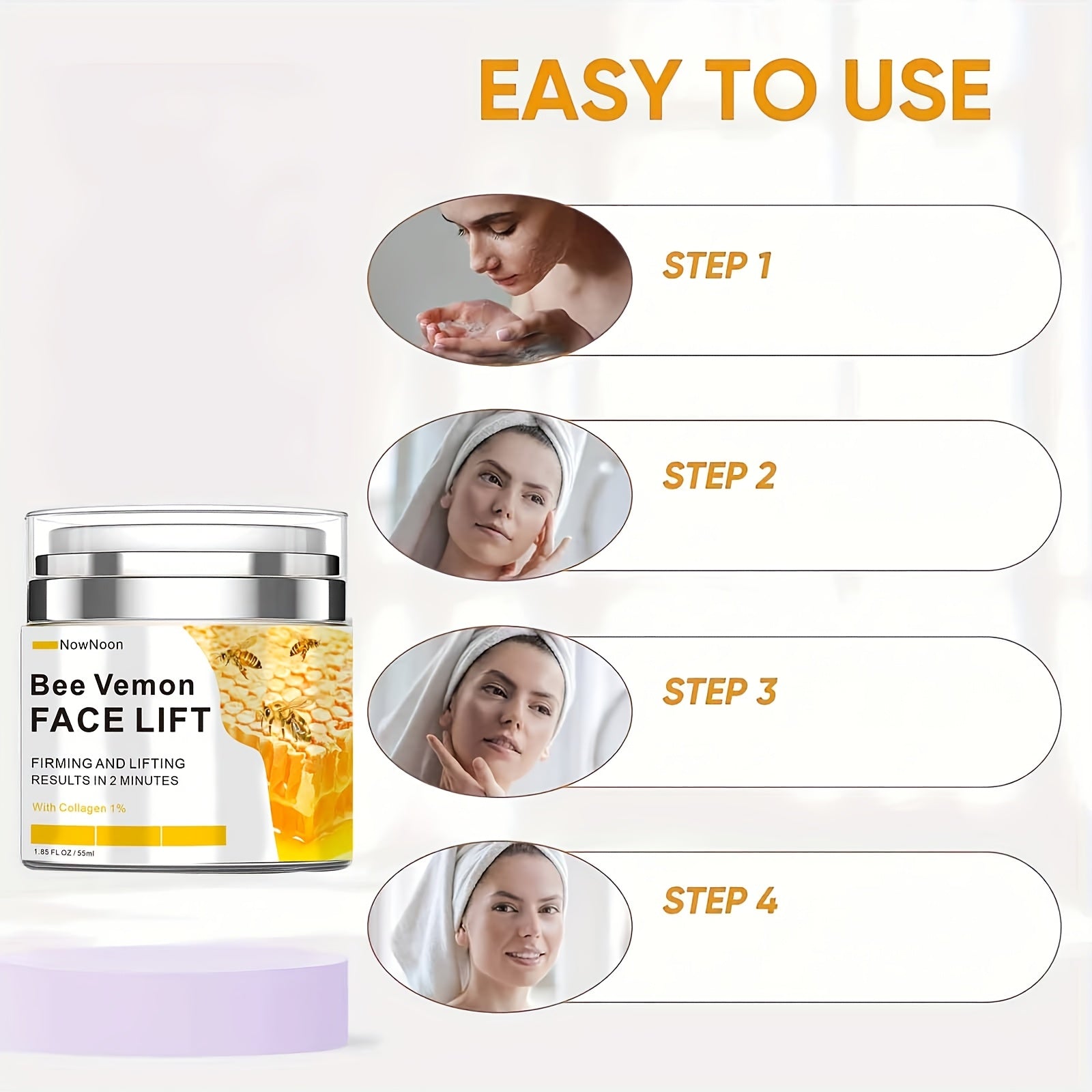 NowNoon Bee Vemon Instant Face Lift Cream - 1.85 fl. Oz terini siqadi, mustahkamlaydi va silliqlashtiradi, alkogolsiz formulasi bilan, barcha teri turlari uchun Hyaluron kislotasi o'z ichiga oladi.