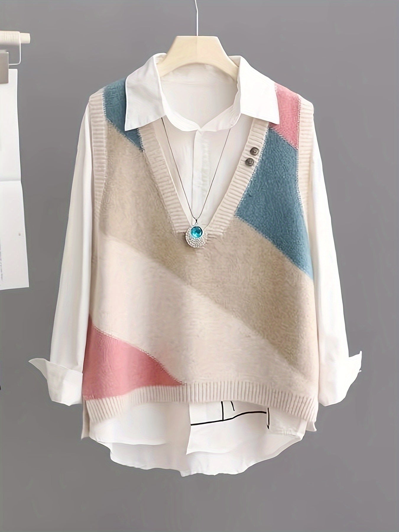 Chaleco de punto con bloques de color vintage con cuello en V y dobladillo con abertura sin mangas para uso casual en todas las estaciones