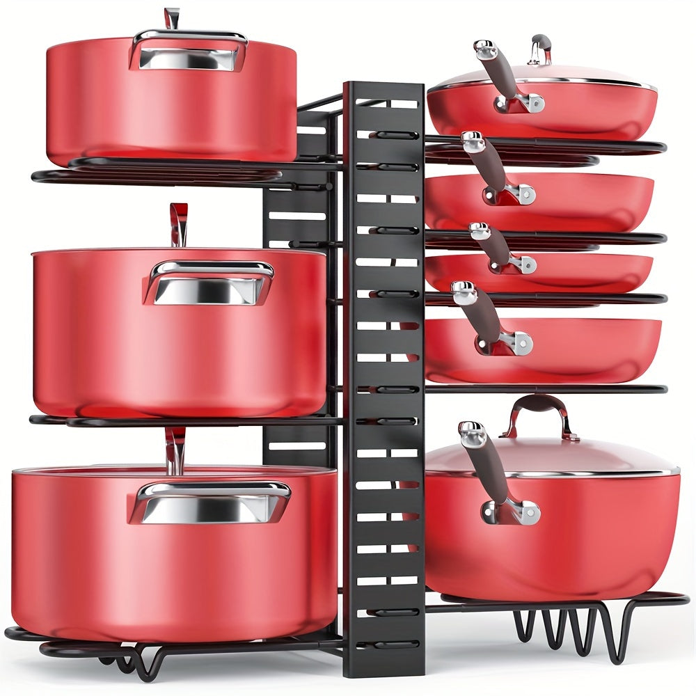 Adjustable 8-Tier Iron Pot and Pan Organizer Rack for Kitchen Cabinets in Red and Black