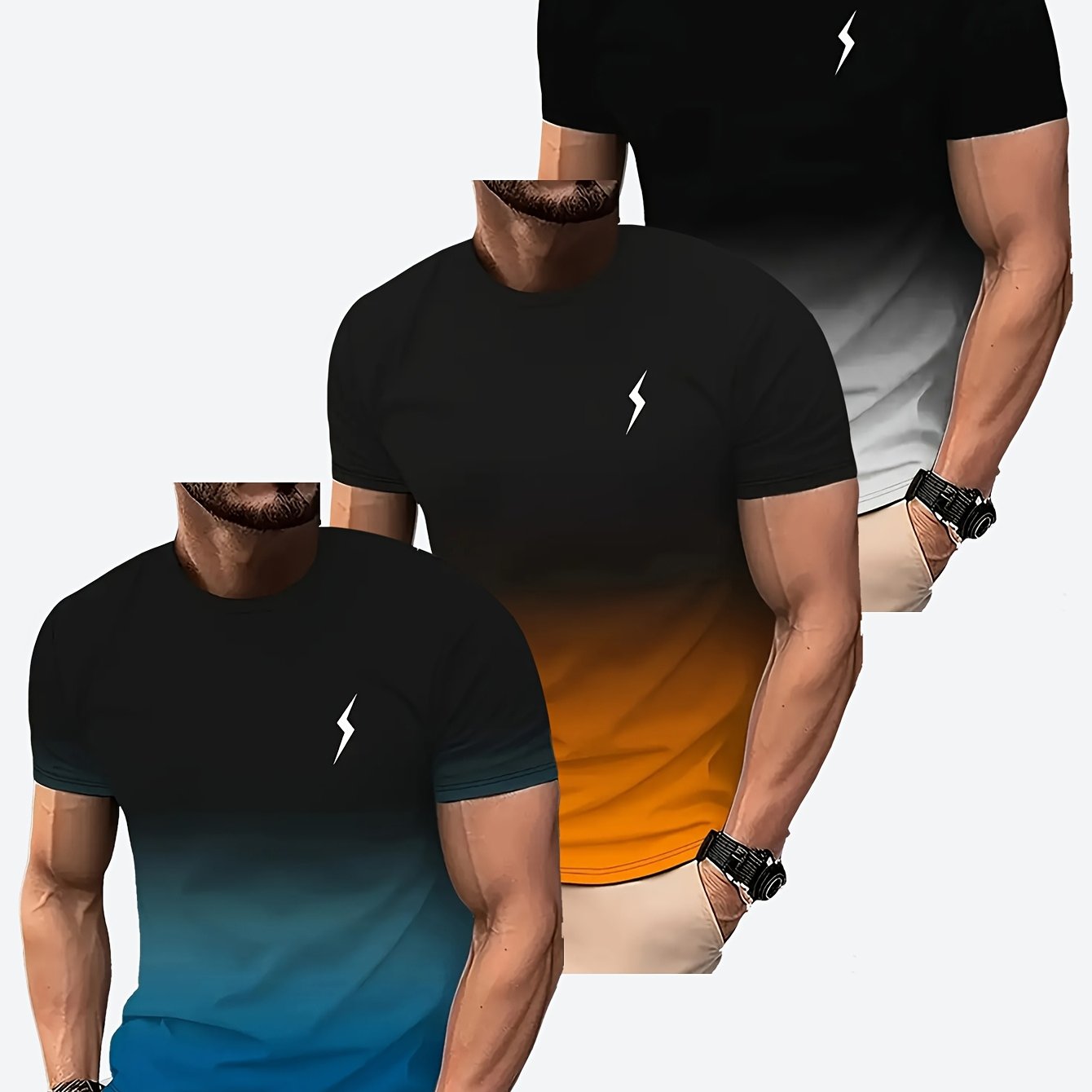 Men's 3-Pack Gradient 3D Printed Quick-Dry Polyester T-Shirts for Sports and Fitness