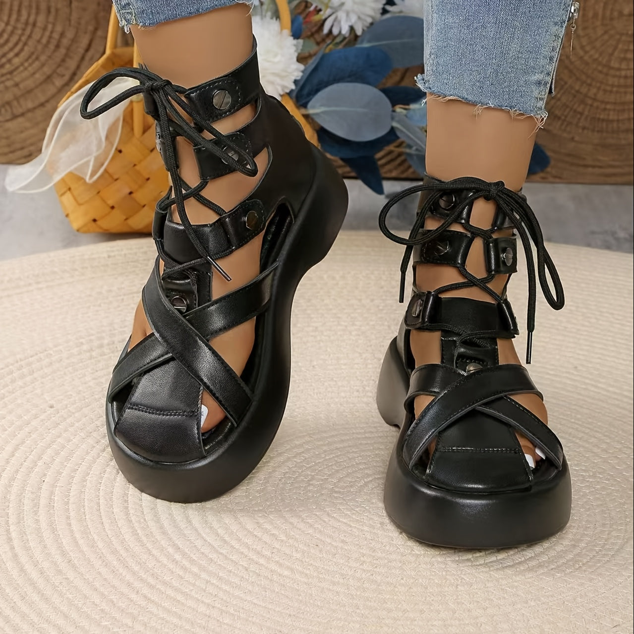 Women's Black PU Lace-Up Roman Sandals with Thick Sole and Mid-Heel