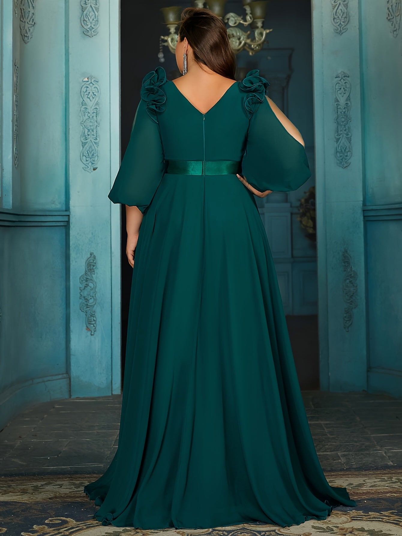 Maroon Maxi Dress for Plus Size V-Neck Lantern Sleeves Pleated Long Casual Semi-Formal