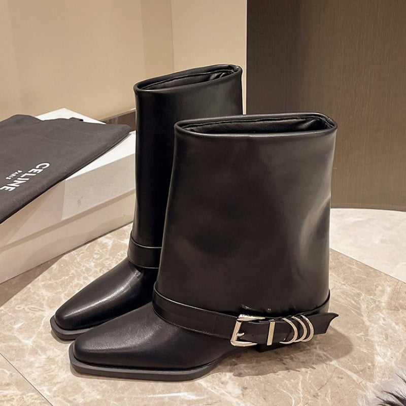 Женские черные туфли-слипы на массивной средней каблуке с квадратным носком