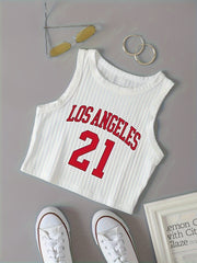 Women's Summer Letter Print Crew Neck Sleeveless Crop Tank Top Cotton Blend