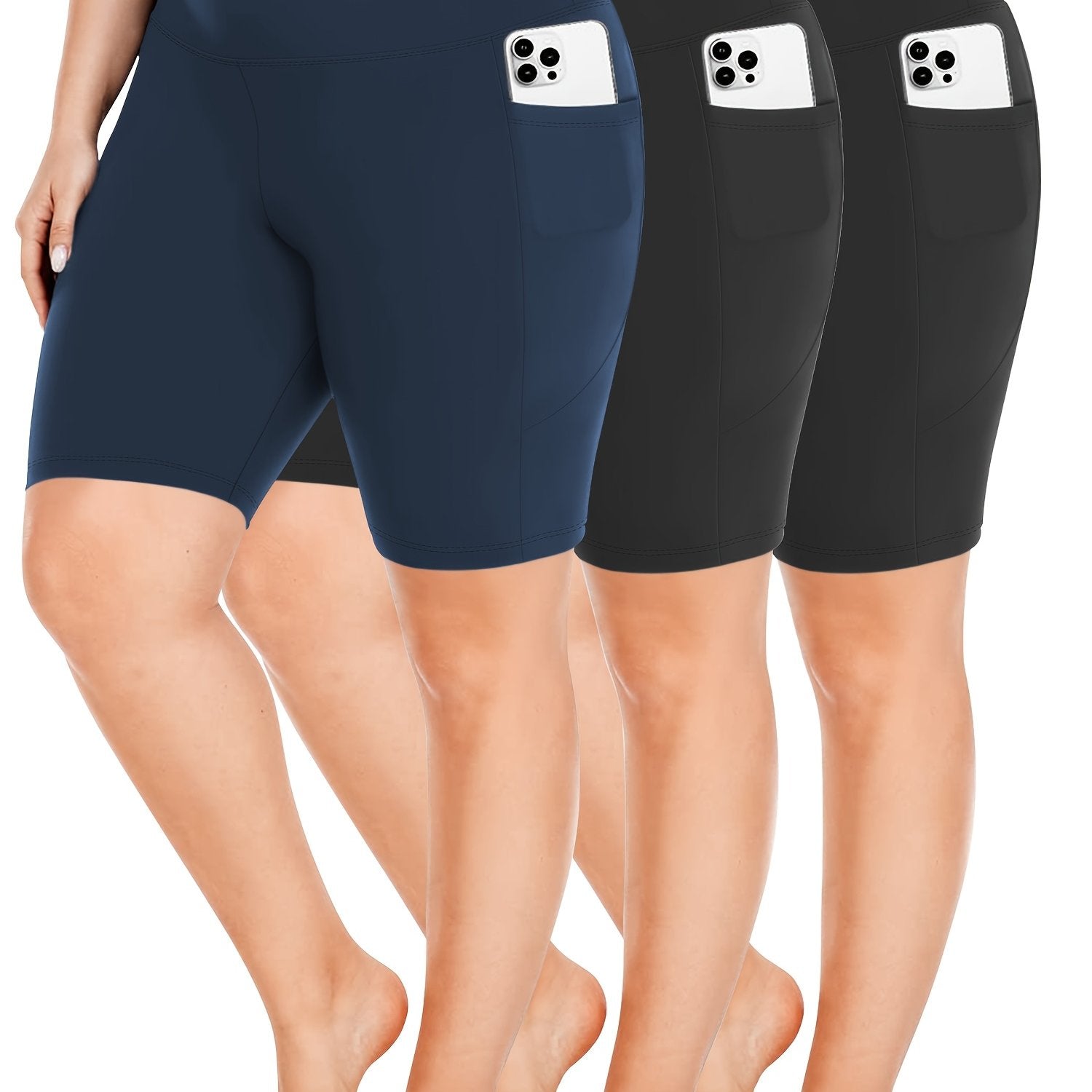 Ayollar uchun yoga shortlari polyester elastan, to'liq qora, 3-to'plam, elastik, shaffofsiz bo'lmagan