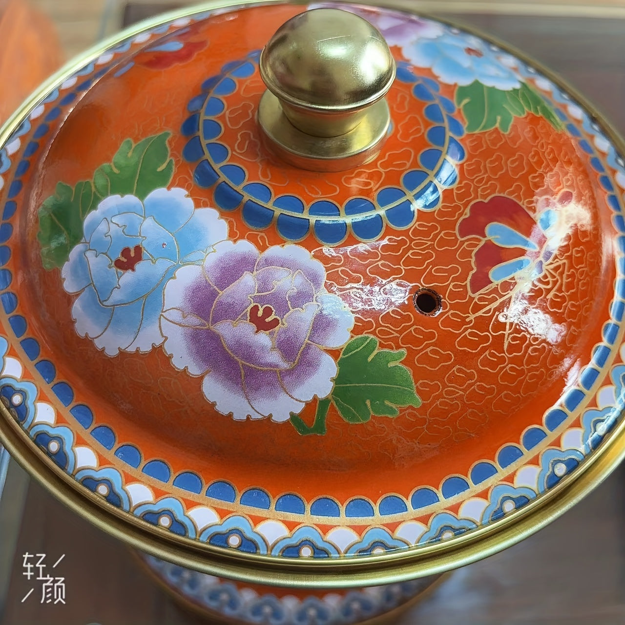 Yellow Floral Enamel Hot Pot with Brass Lining for Family or Individual Use