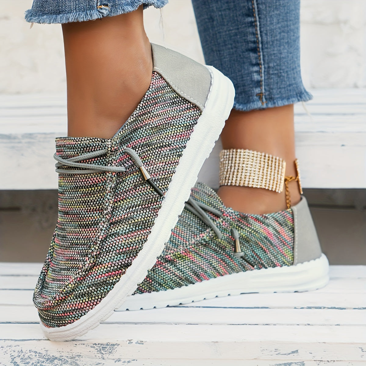 Women's Knit Slip-On Shoes with Round Toe Breathable Anti-Slip Flat Sole