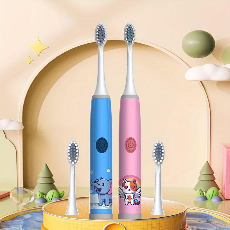 Электрическая зубная щетка для детей с 4 насадками, мягкая щетина, работает на батарейках