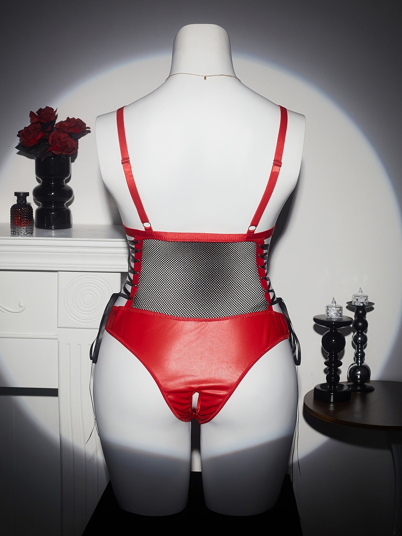 Plus-Size Women's Red and Black Mesh Bodysuit Semi-Sheer Lingerie