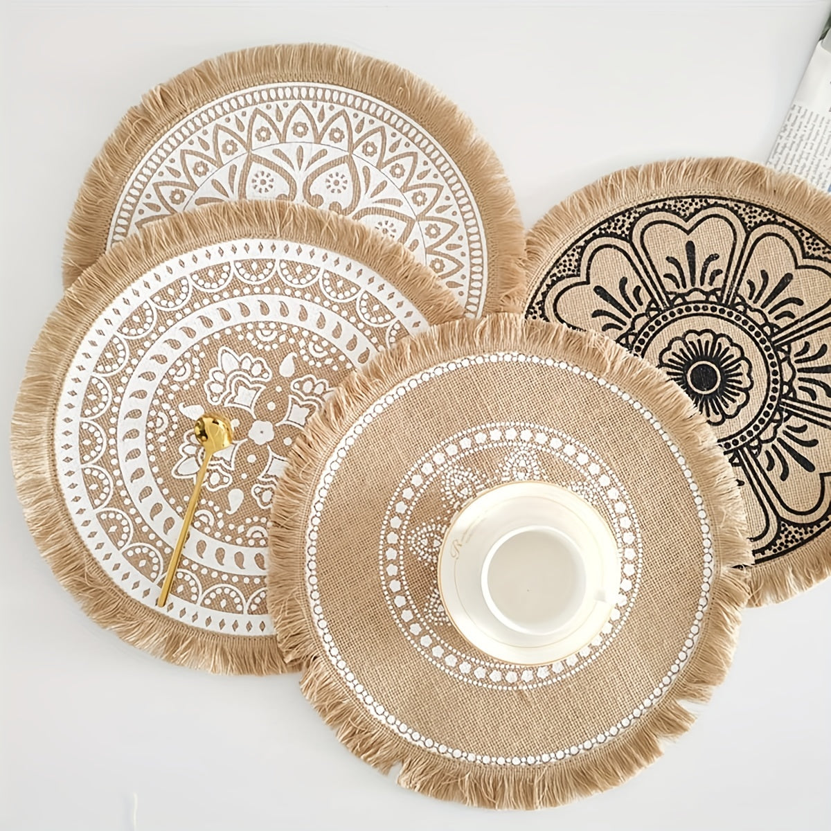 Conjunto de manteles individuales de yute bohemio para decoración del hogar y eventos