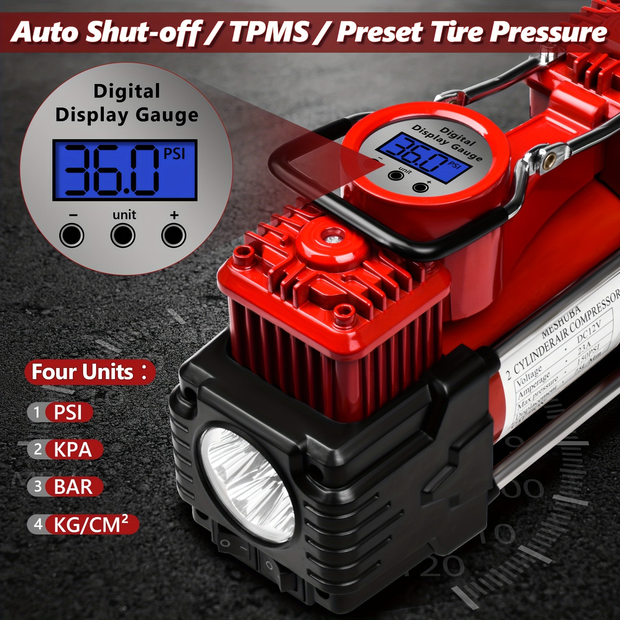 Портативный тяжелый двухцилиндровый воздушный компрессор 12 В с цифровым манометром