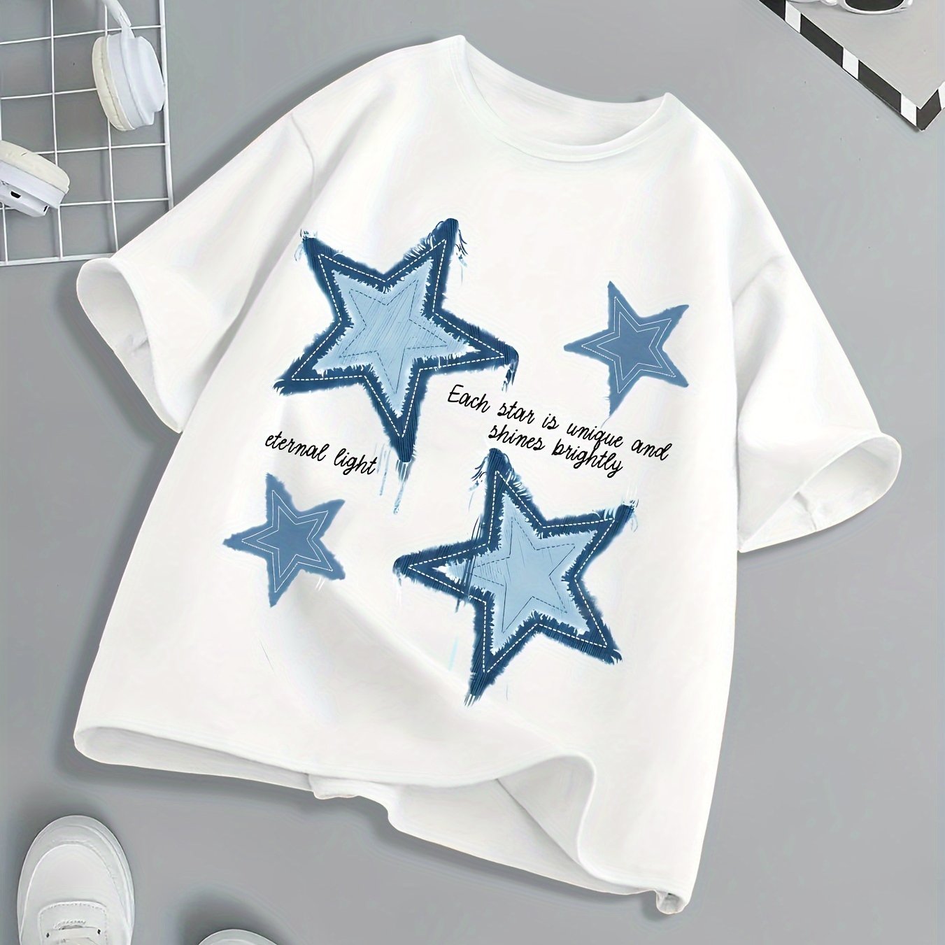 Kids Girls Black and White Star Print Crew Neck T-Shirt Summer Athleisure