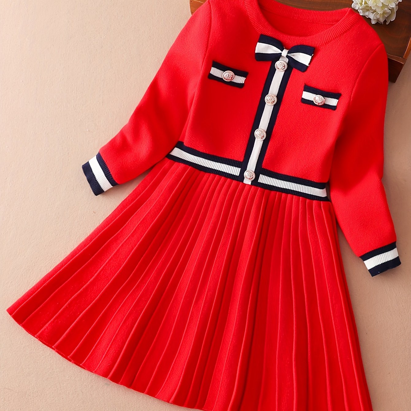 Girls' Long Sleeve Pleated A-Line Dress with Navy Accents Cotton Nylon for Spring Fall