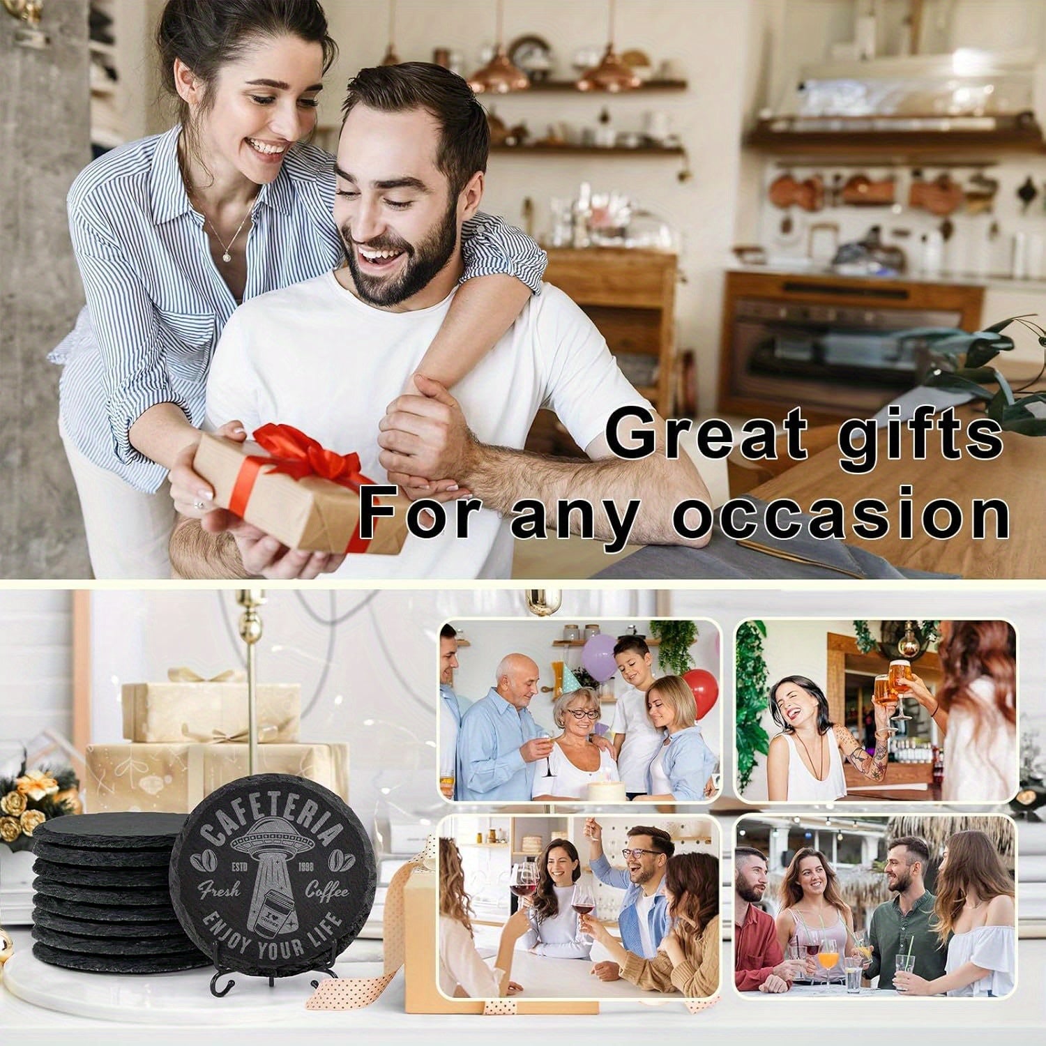 48 posavasos de pizarra negra de 10.16 cm con grabado láser personalizable y posavasos de piedra natural