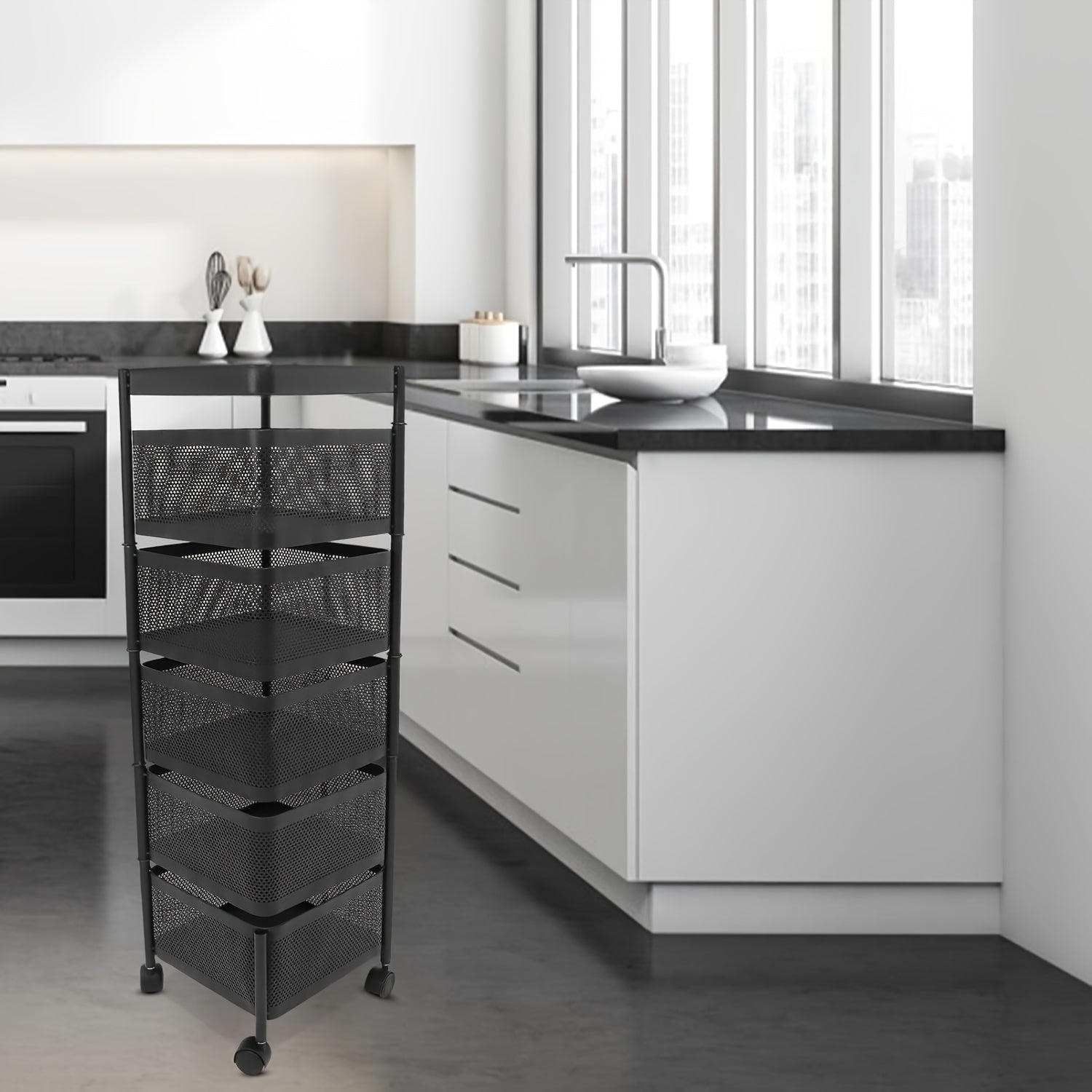 Не требует сборки, металлическая тележка для хранения на колесиках с 4-ярусными открытыми сетчатыми корзинами. Вращающаяся хозяйственная тележка с колесами для кухни, офиса или дома. Не требует электричества или батареек.