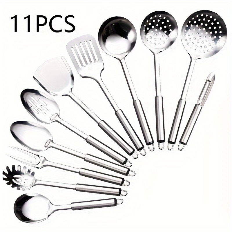 Set of 11 Stainless Steel Kitchen Utensils Heat Resistant with Spatula Tongs and Strainer