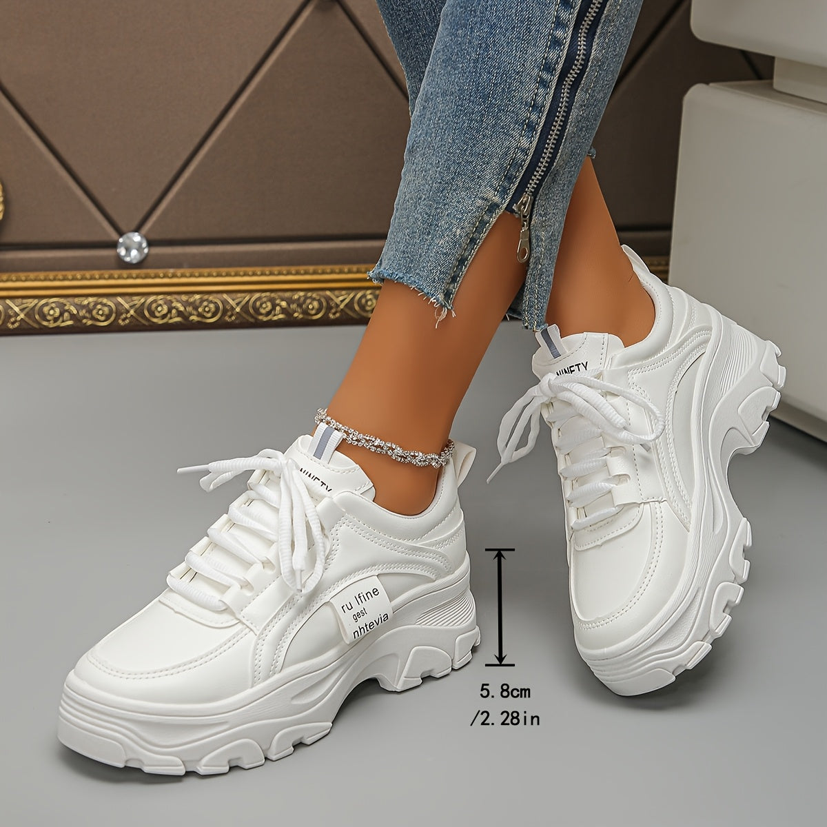 Women's White Casual Sneakers With Thick Sole and Rubber Outsole