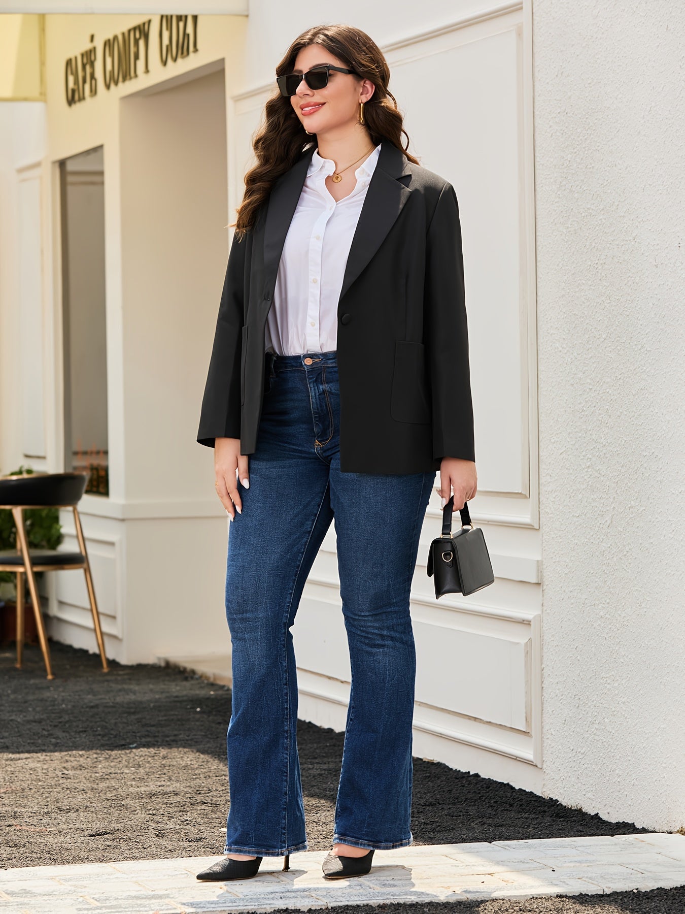 Women's Plus Size Blazer Open Front Long Sleeve Office Suit Jacket Solid Color