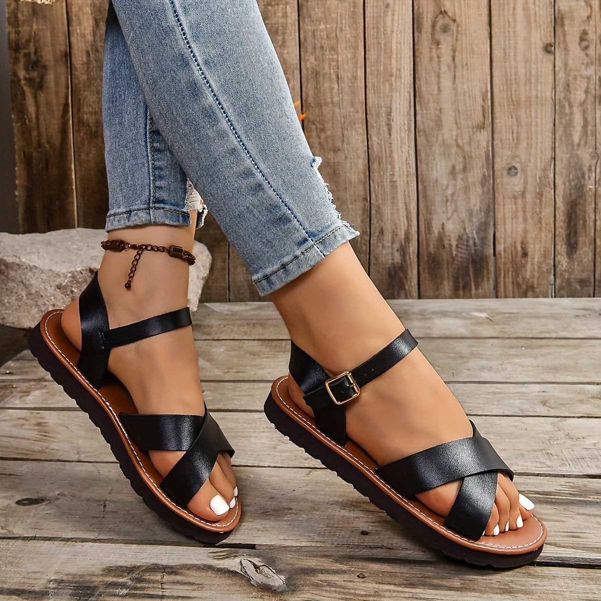 Women Summer Flat Sandals Open Toe Cross Strap Casual Beach Shoes