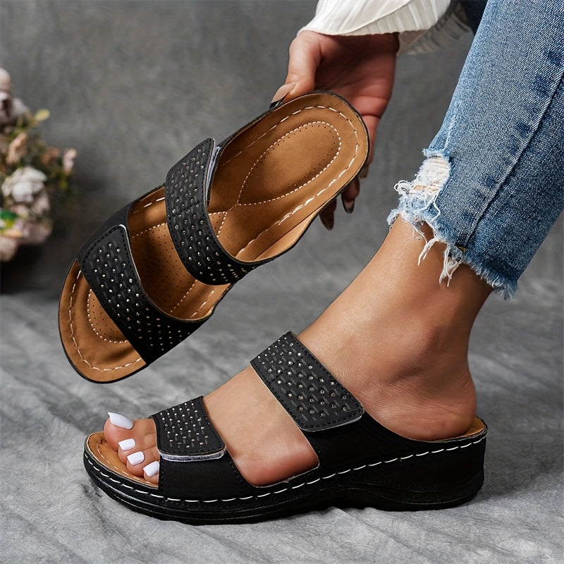 Women Summer Solid Color Wedge Sandals Open-Toe Platform Rhinestone