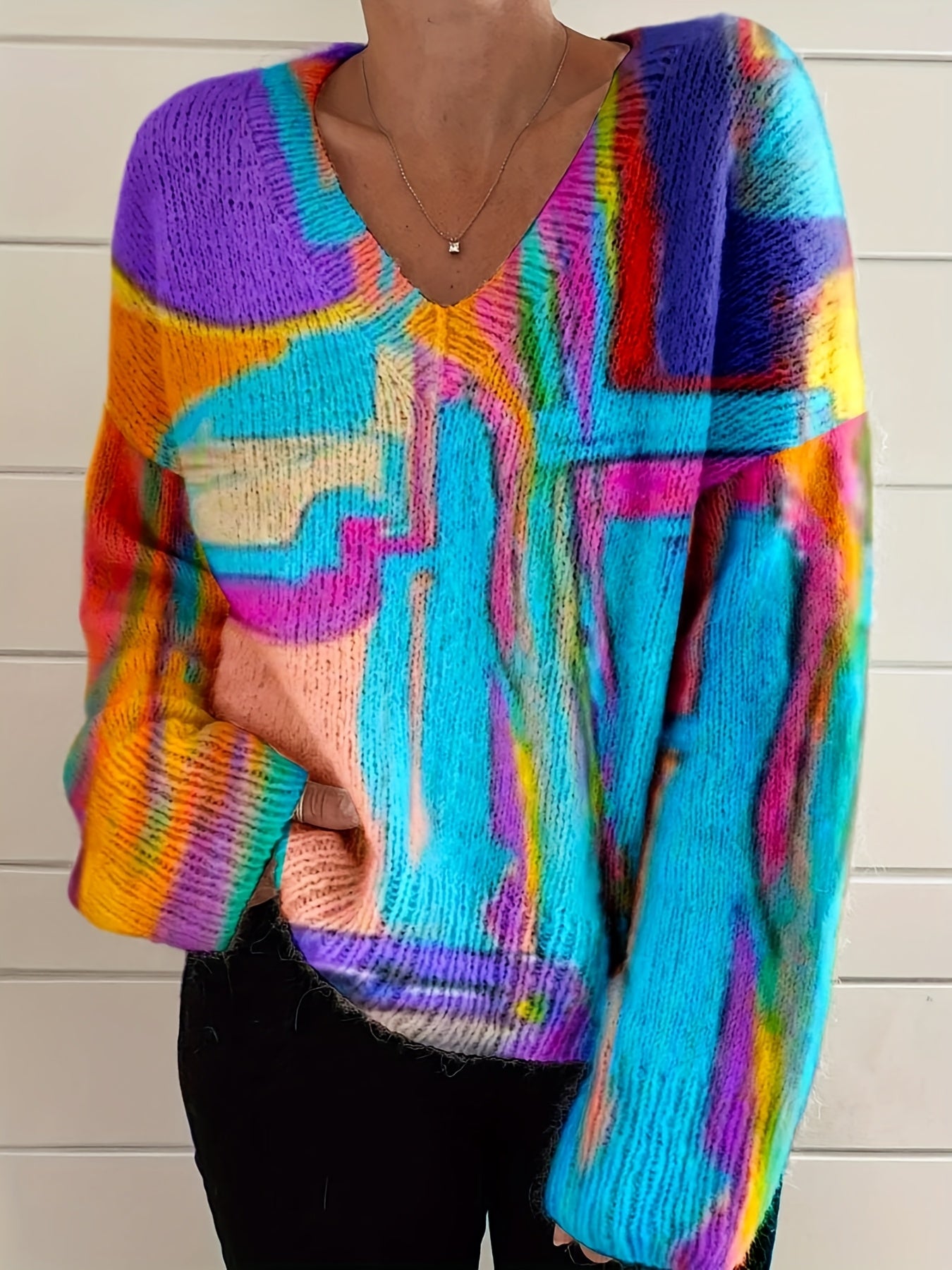 Top de manga larga con escote en V y estampado tie-dye para mujer talla grande, suéter casual oversize