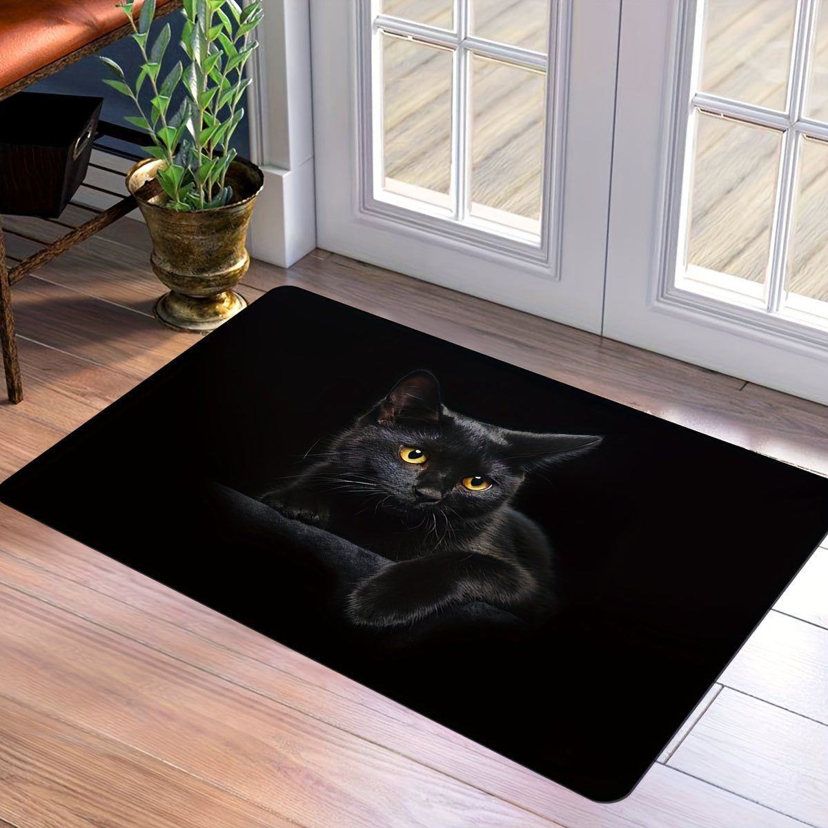 Alfombra de bienvenida con diseño de gato negro, antideslizante, resistente a las manchas, de poliéster acogedora para hogar, cocina, oficina