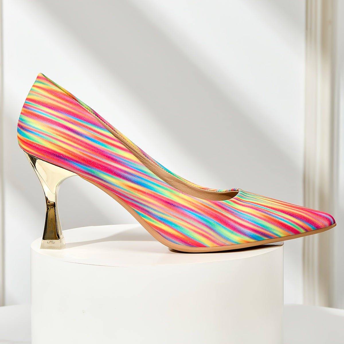 Women's Colorful Striped Pointed Toe High Heels Slip-On Party Pumps