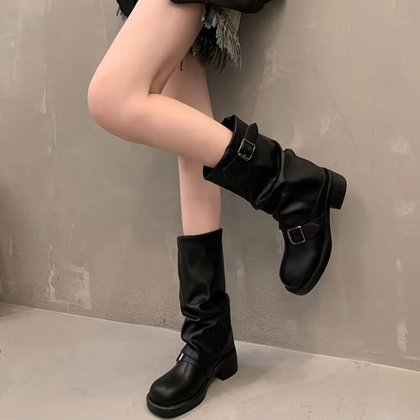 Women's Black Western Style Mid-Calf Lace-Up Boots with Chunky Heels