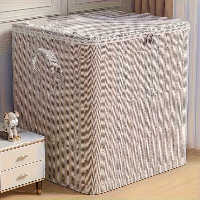 Large Fabric Storage Box with Lid Herringbone Pattern for Clothes and Bedding