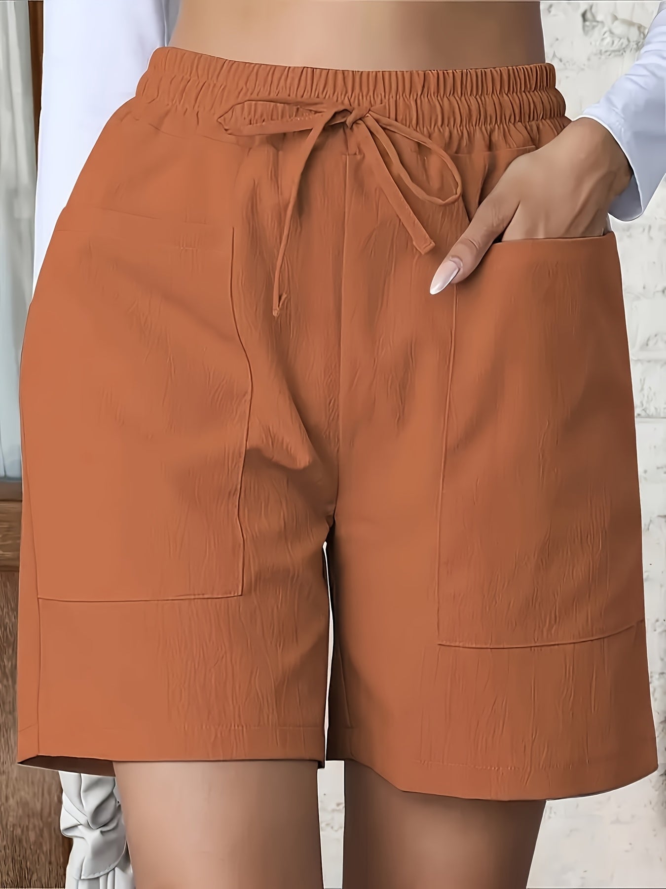 Women Cotton Casual Solid Color Drawstring Shorts with Pockets 2pcs