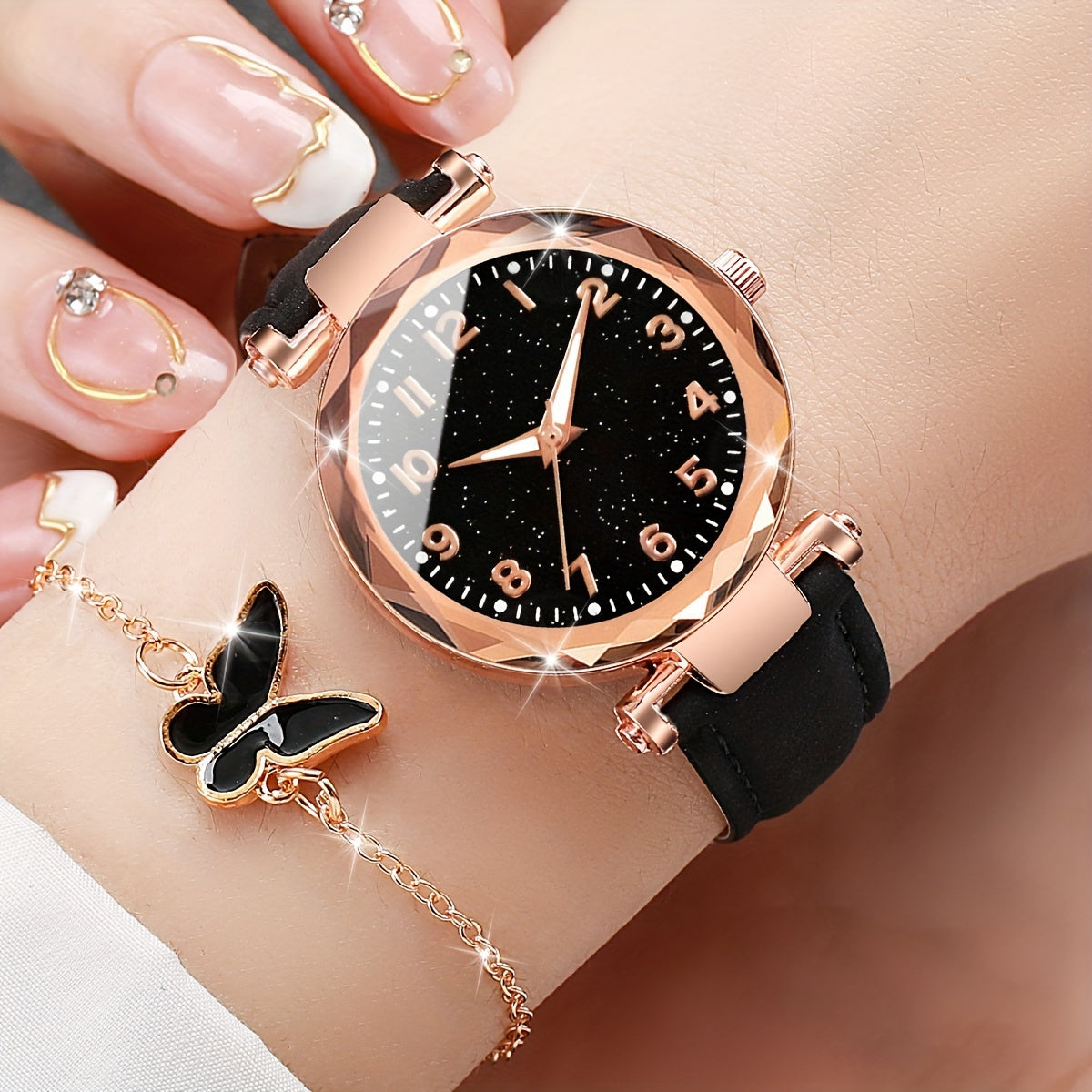 Set of 6 Women's Casual Quartz Watches with Butterfly Jewelry Alloy Case PU Leather Band