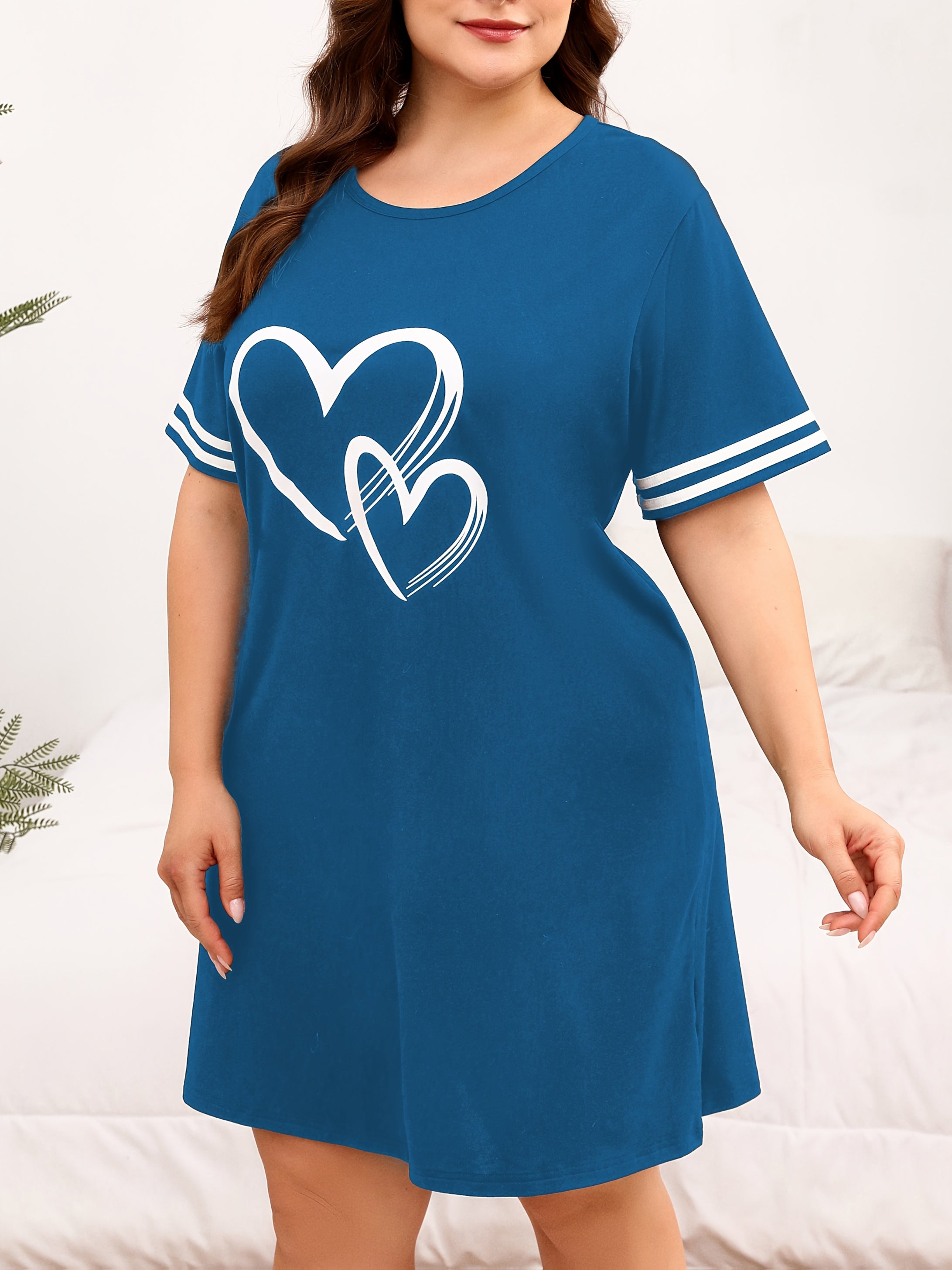 Женская ночная рубашка с коротким рукавом и сердечным принтом, размер плюс, из полиэстера
