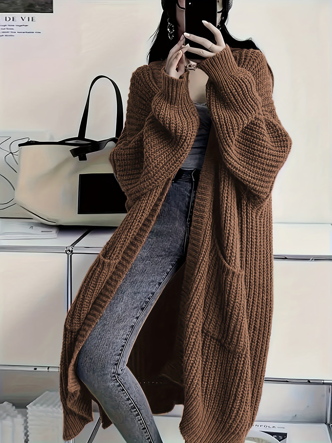 Women's Plus Size Long Knit Cardigan with Pockets V-Neck Open Front Fall Winter