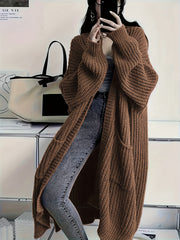 Women's Plus Size Long Knit Cardigan with Pockets V-Neck Open Front Fall Winter