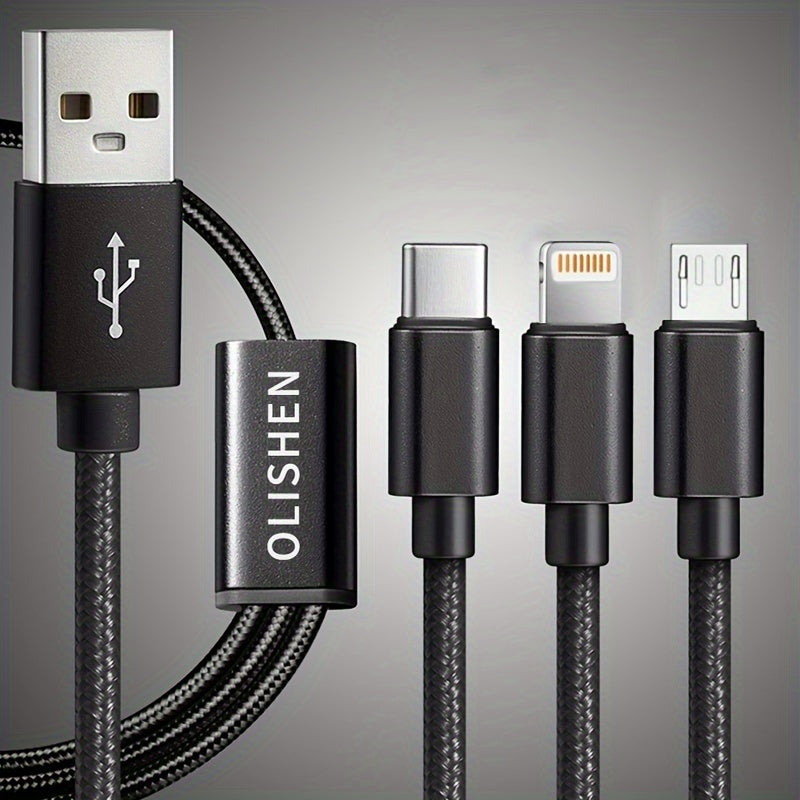 3-in-1 Nylon Braided USB Charging Cable for iPhone Micro USB Type-C Fast Data Sync