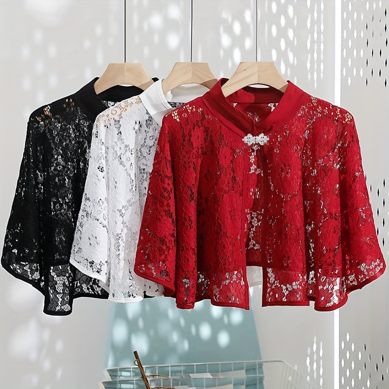 Lightweight Polyester Cape with Vintage Lace Shawl and Buckle for Evening Sun Protection