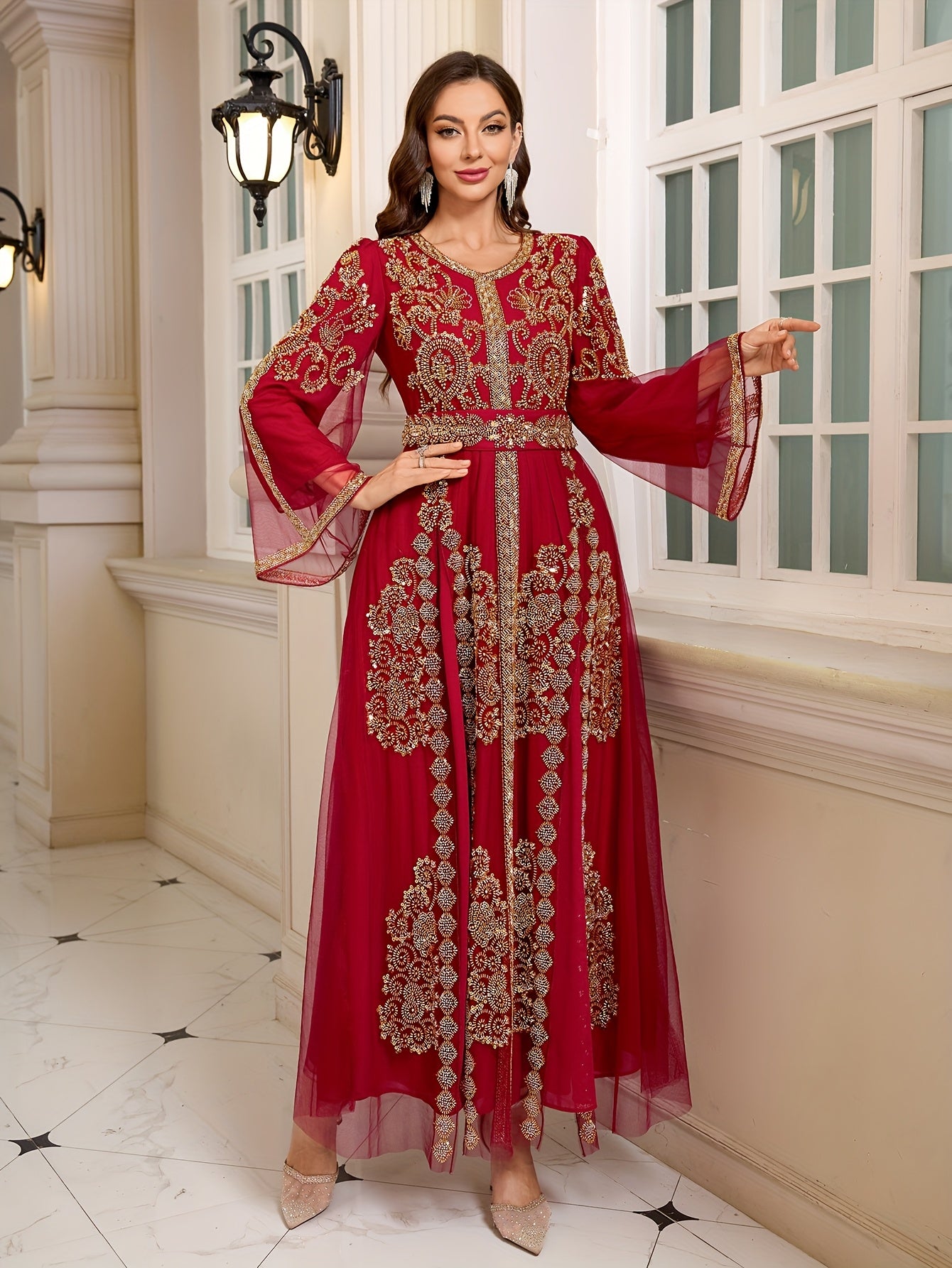 Women's Embroidered Beaded Gown Long Sleeve Formal Dress for Weddings