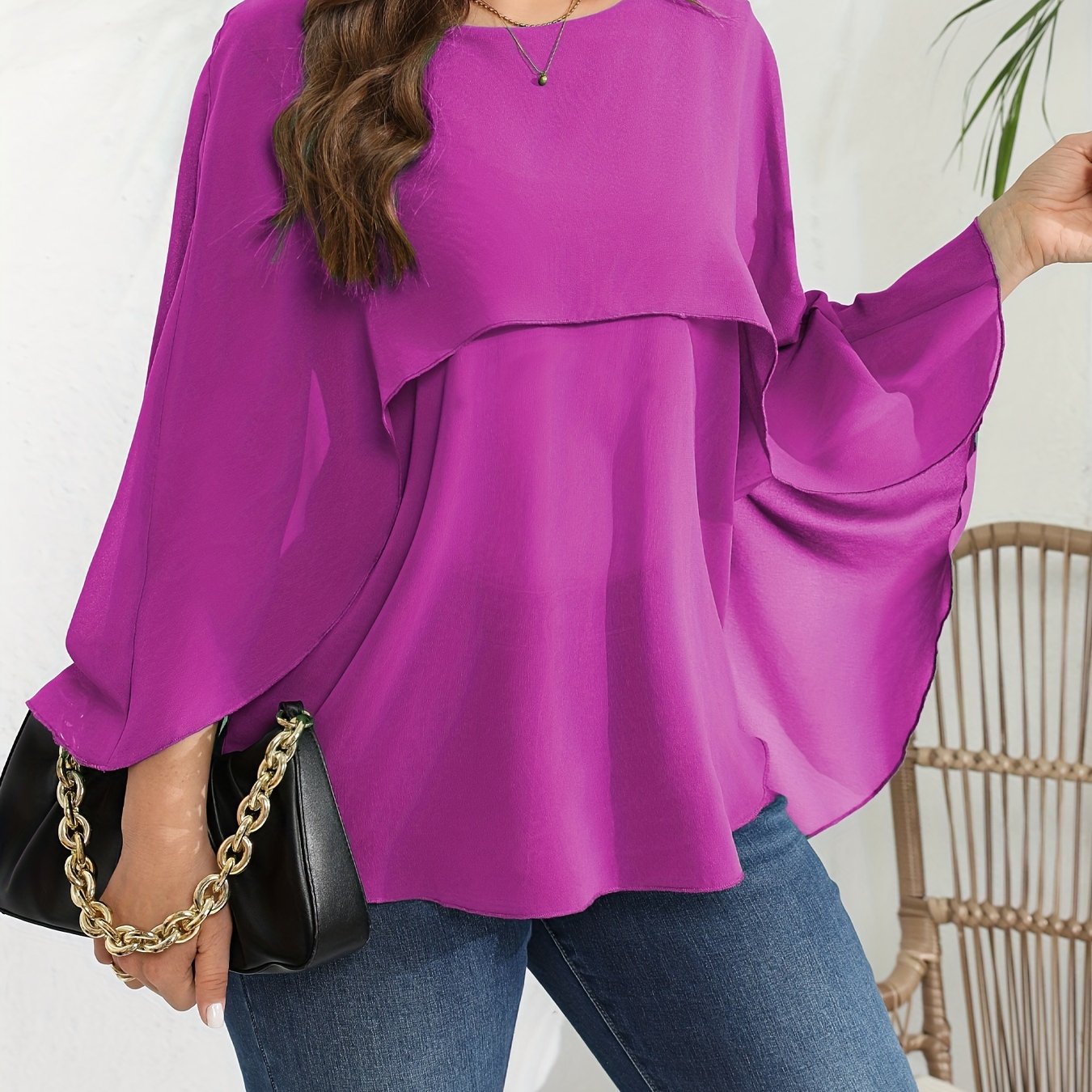 Plus Size Women's Polyester Crew Neck Blouse Solid Color Woven Shirt