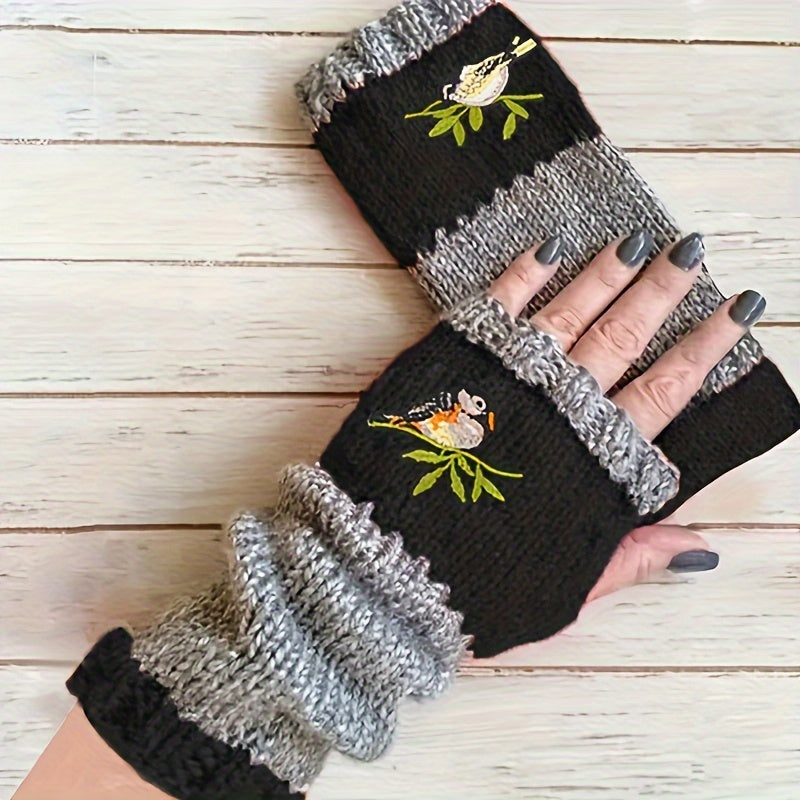 Warm Fingerless Gloves with Double Color Block Design and Hummingbird Embroidery