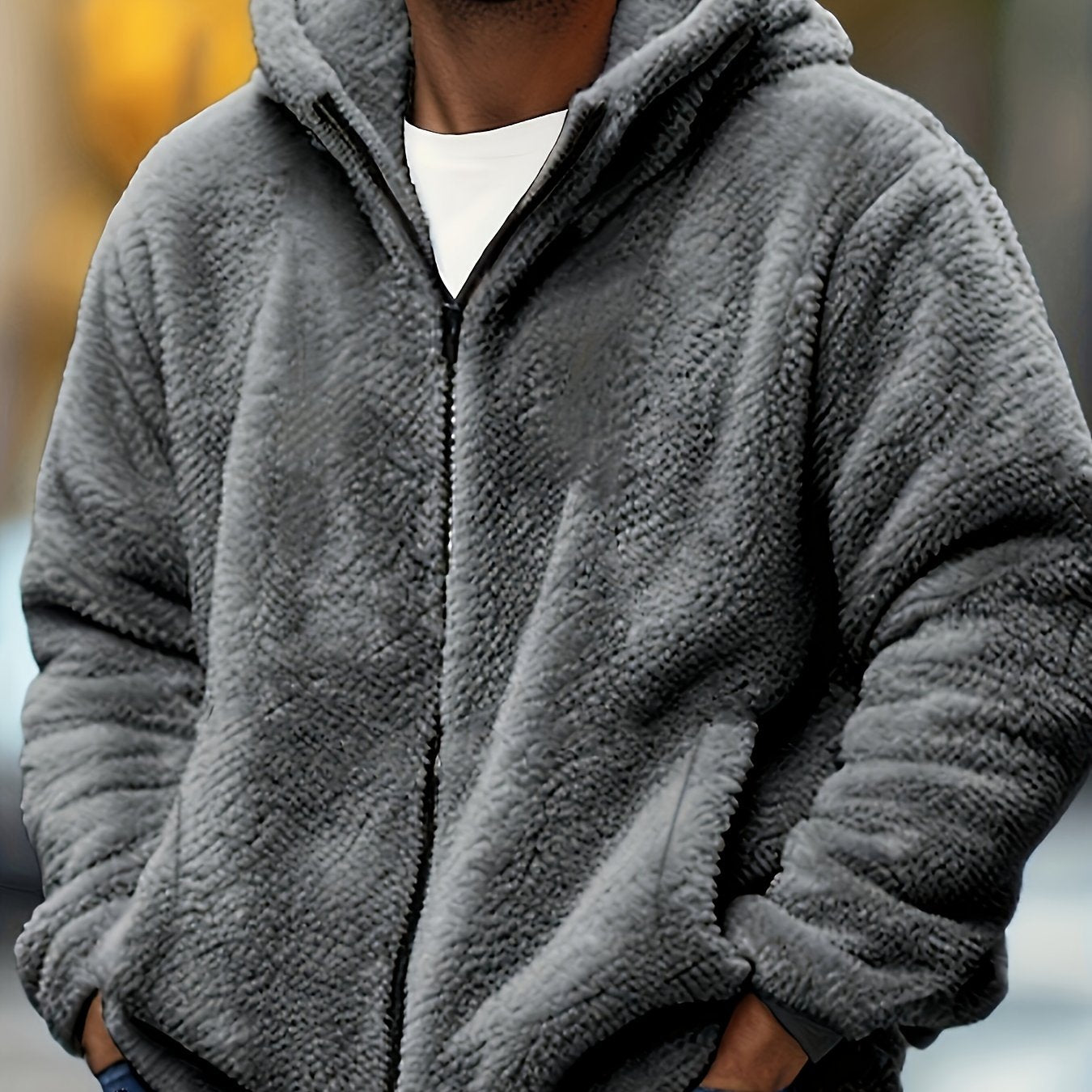 Men's Plus Size Light Gray Teddy Fleece Hooded Jacket Windproof Warm Fall Winter Outerwear