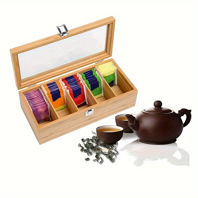 Bamboo Tea Bag Organizer Storage Box with Clear Lid Coffee and Teabag Compartments